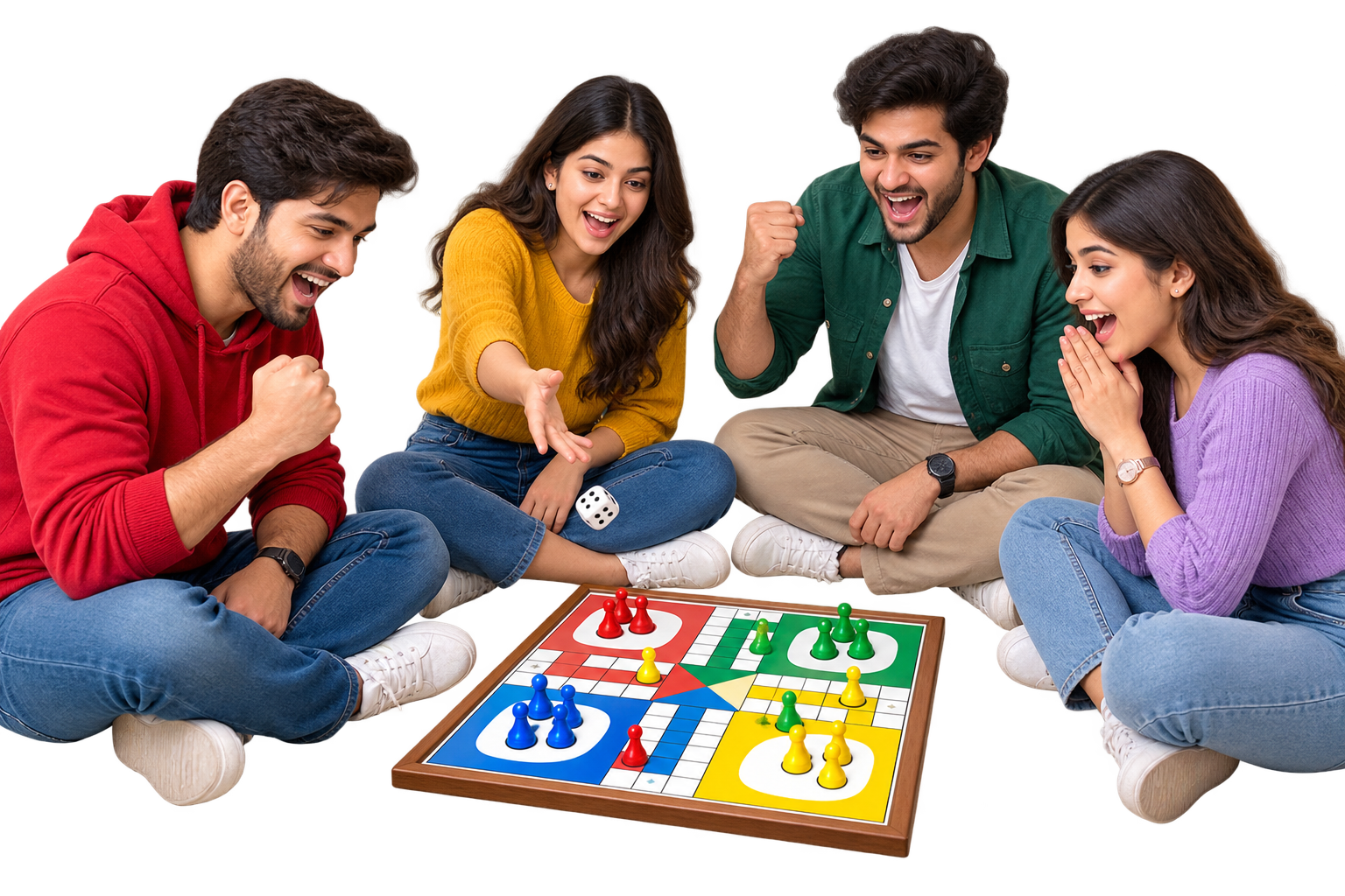 Friends enjoying a Ludo game together